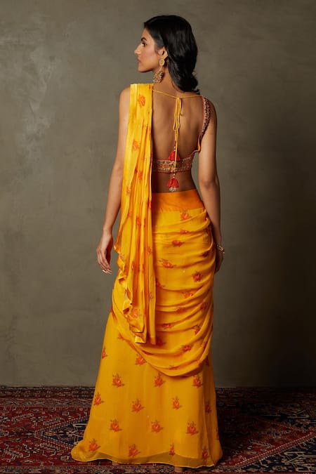 Shop RI.Ritu Kumar Orange Saree - Viscose Chiffon Embroidered Floral Pre-draped Set at Aza Fashions Shop_RI.Ritu Kumar_Orange Saree - Viscose Chiffon Embroidered Floral Pre-draped Set_at_Aza_Fashions
