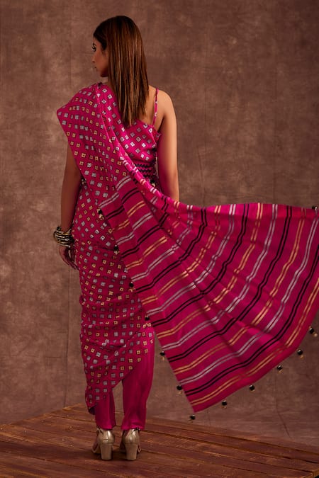 Shop The Home Affair Pink Chiffon Pom-poms Handblock Geometric Print Dhoti Saree Set at Aza Fashions Shop_The Home Affair_Pink Chiffon Pom-poms Handblock Geometric Print Dhoti Saree Set _at_Aza_Fashions