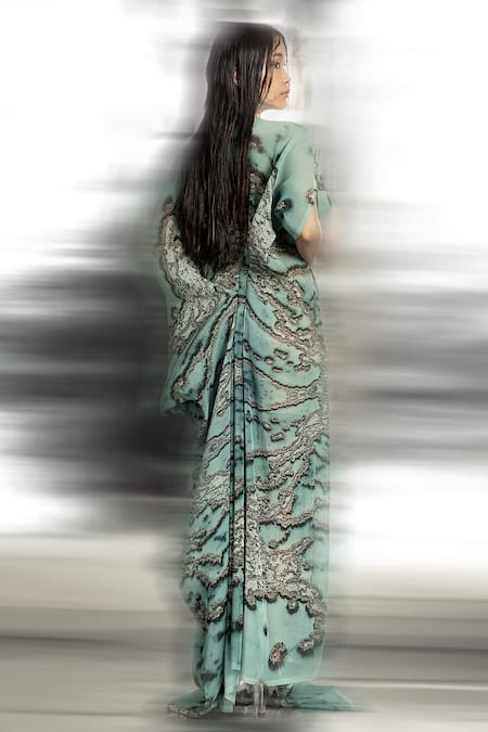 Shop Abhishek Sharma Green Polyester V-neck Reef Print Asymmetric Draped Gown at Aza Fashions Shop_Abhishek Sharma_Green Polyester V-neck Reef Print Asymmetric Draped Gown _at_Aza_Fashions