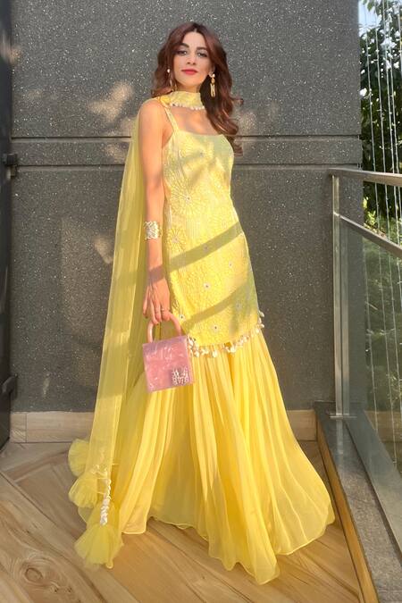 Shop Nitisha Kashyap Official Yellow Georgette, Net, Silk Sequins, Beads, Floral Embroidered Kurta Sharara Set at Aza Fashions Shop_Nitisha Kashyap Official_Yellow Georgette, Net, Silk Sequins, Beads, Floral Embroidered Kurta Sharara Set _at_Aza_Fashions