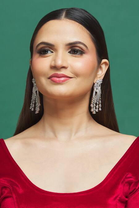 Shop Our Purple Studio White Semi Precious Stone, American Diamond Cubic Zirconia Embellished Danglers at Aza Fashions Shop_Our Purple Studio_White Semi Precious Stone, American Diamond Cubic Zirconia Embellished Danglers_at_Aza_Fashions