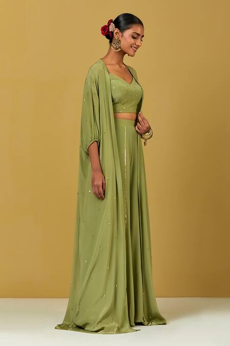Shop Ikshita Choudhary Green Crepe Sequins V-neck Work Cape And Palazzo Set at Aza Fashions Shop_Ikshita Choudhary_Green Crepe Sequins V-neck Work Cape And Palazzo Set_at_Aza_Fashions