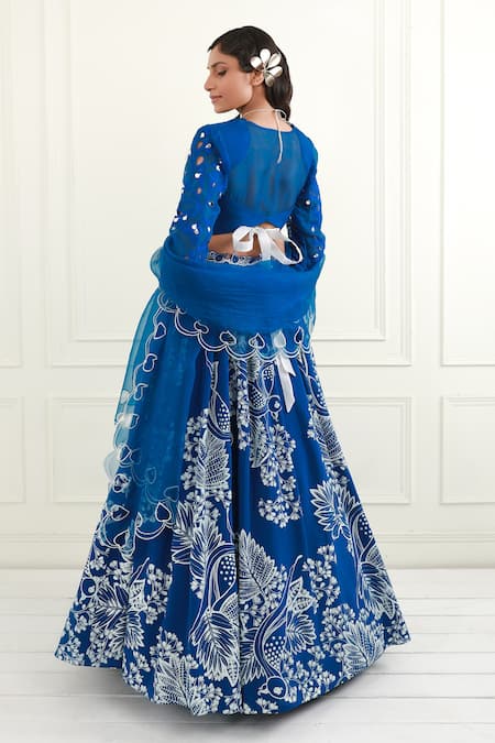 Shop_EK Soot_Blue Organza Printed Floral V Neck Pleated Lehenga Set _at_Aza_Fashions