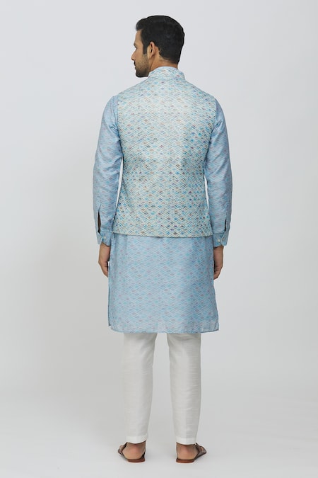 Shop Rng Safawala Sky Blue Silk, Cotton Embroidery Raw Block Print Jacket With Kurta Set at Aza Fashions Shop_Rng Safawala_Sky Blue Silk, Cotton Embroidery Raw Block Print Jacket With Kurta Set_at_Aza_Fashions