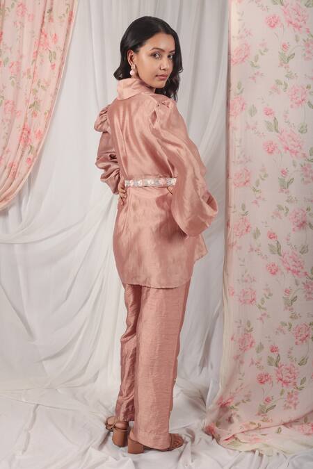 Shop_House Of TA-YA_Pink Chanderi Pearls, Embroidery Shawl Neck Puffed Sleeve Jacket And Pant Set _at_Aza_Fashions