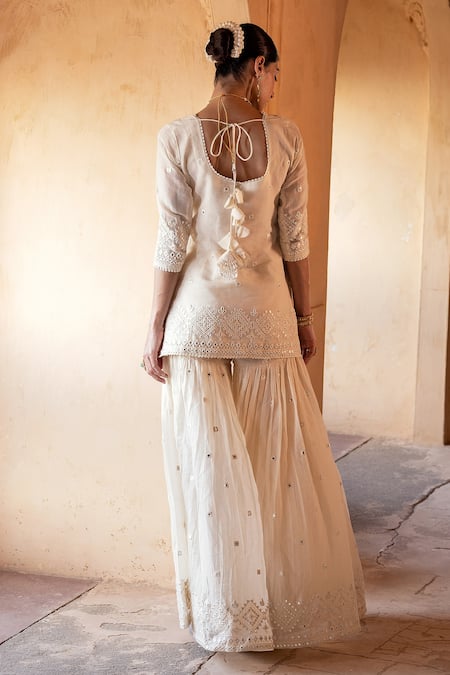 Shop Preevin Off White Cotton, Tulle, Net Embroidery, Lace, Diamond Pattern Kurta Sharara Set at Aza Fashions Shop_Preevin_Off White Cotton, Tulle, Net Embroidery, Lace, Diamond Pattern Kurta Sharara Set _at_Aza_Fashions