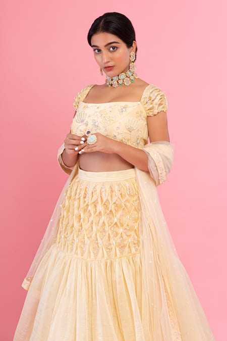 Shop PIRI INDIA Yellow Organza, Chanderi, Tulle Sequins, Pearls, Beads, Hand Lehenga Set at Aza Fashions Shop_PIRI INDIA_Yellow Organza, Chanderi, Tulle Sequins, Pearls, Beads, Hand Lehenga Set _at_Aza_Fashions