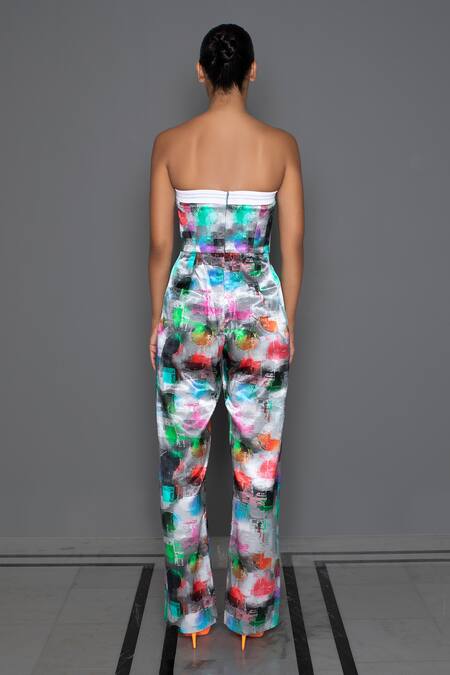 Shop Redefine Grey Mashru Silk Prism Straight Plaid Tube Jogger Jumpsuit at Aza Fashions Shop_Redefine_Grey Mashru Silk Prism Straight Plaid Tube Jogger Jumpsuit_at_Aza_Fashions