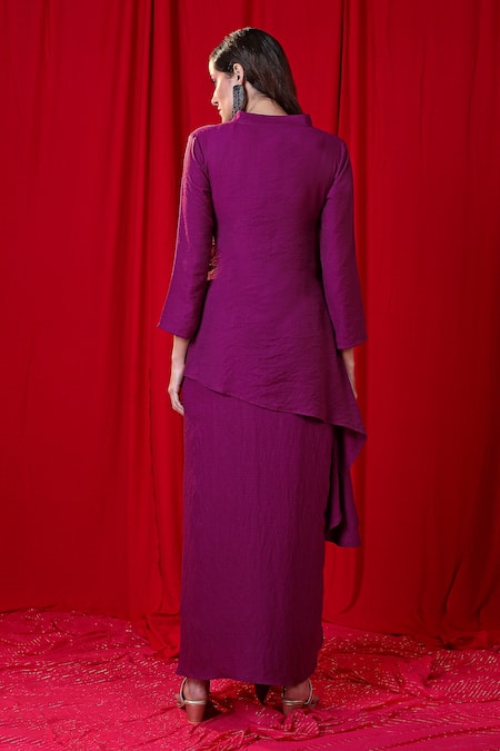 Shop_Enech_Purple Handloom Cotton Metallic Thread, Asymmetric Embellished Tunic And Skirt Set _at_Aza_Fashions