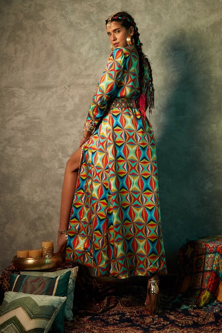 Shop Esha L Amin Multi Color Viscose, Crepe Shawl Neck Geometric Print Blazer Maxi Dress at Aza Fashions Shop_Esha L Amin_Multi Color Viscose, Crepe Shawl Neck Geometric Print Blazer Maxi Dress _at_Aza_Fashions