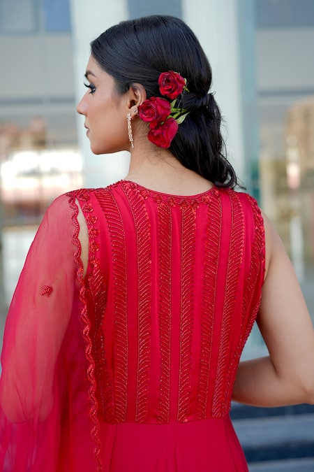 Shop Gul By Aishwarya Red Satin Silk Hand Embroidered Cutdana Leaf Neck Anarkali Palazzo Set at Aza Fashions Shop_Gul By Aishwarya_Red Satin Silk Hand Embroidered Cutdana Leaf Neck Anarkali Palazzo Set _at_Aza_Fashions