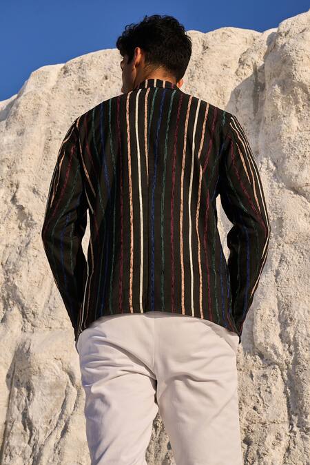 Shop_Dash And Dot_Black Polyester Stripe Pattern Blazer_at_Aza_Fashions