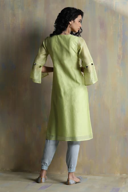 Shop_Charkhee_Yellow Chanderi, Cotton Mirrors V-neck Work Kurta Joggers Set _at_Aza_Fashions