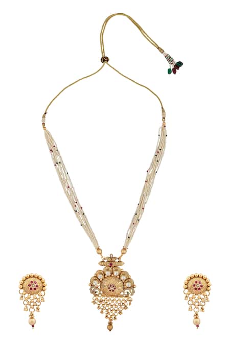 Shop_Samyukta Singhania_White Stones Pearl Layered Long Pendant Necklace Set _at_Aza_Fashions