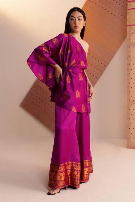 Shop Joskai Studio Pink Silk Zari, Embroidery One Shoulder Mulberry Kaftan at Aza Fashions Shop_Joskai Studio_Pink Silk Zari, Embroidery One Shoulder Mulberry Kaftan_at_Aza_Fashions