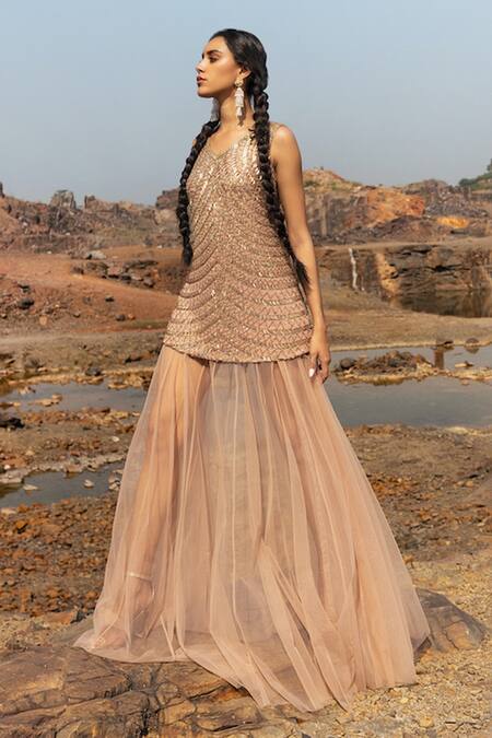 Shop_Nandita Thirani_Pink Tulle Embroidery Sequin V Neck Short Kurta And Sheer Skirt Set  _at_Aza_Fashions