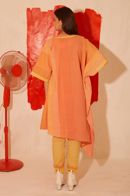 Shop Banana Labs Orange Cotton V-neck Bliss Hand Block Print Kaftan And Pant Set at Aza Fashions Shop_Banana Labs_Orange Cotton V-neck Bliss Hand Block Print Kaftan And Pant Set _at_Aza_Fashions