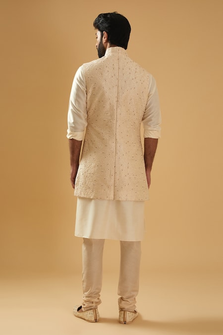 Shop_Raghavendra Rathore Blue_Off White Silk Embroidery Thread Bundi Jacket _at_Aza_Fashions