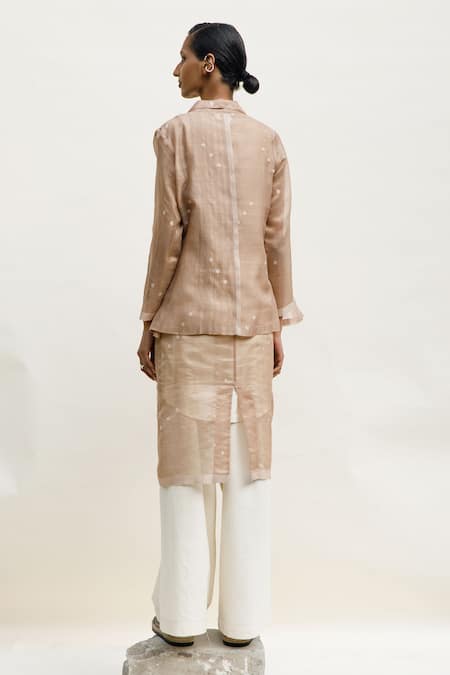 Shop Urvashi Kaur Beige Chanderi Cotton, Silk Dash Polka Dots Woven Blazer at Aza Fashions Shop_Urvashi Kaur_Beige Chanderi Cotton, Silk Dash Polka Dots Woven Blazer _at_Aza_Fashions