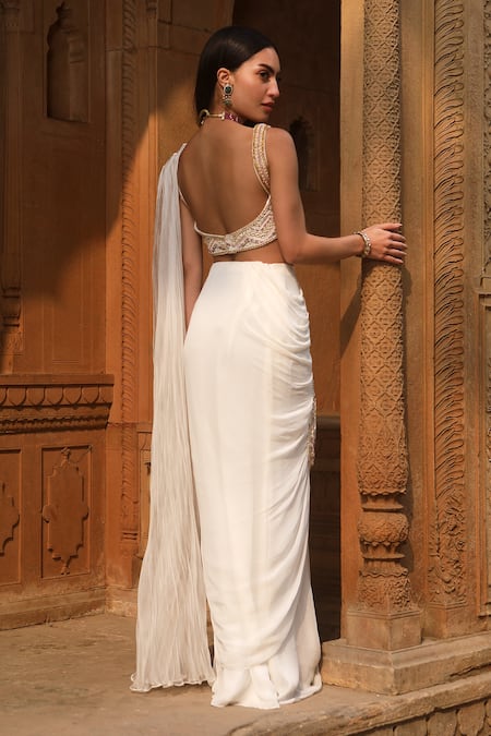 Shop Dheeru Taneja Ivory Georgette Sequins, Mirrors, Beads Shezan Pre-draped Saree With Blouse at Aza Fashions Shop_Dheeru Taneja_Ivory Georgette Sequins, Mirrors, Beads Shezan Pre-draped Saree With Blouse _at_Aza_Fashions