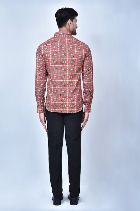 Shop Aryavir Malhotra Red Cotton Printed Shirt at Aza Fashions Shop_Aryavir Malhotra_Red Cotton Printed Shirt _at_Aza_Fashions