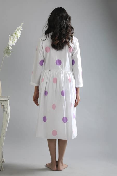 Shop Khat White Cotton Bandeau Neck Polka Pattern Shirt Dress at Aza Fashions Shop_Khat_White Cotton Bandeau Neck Polka Pattern Shirt Dress _at_Aza_Fashions