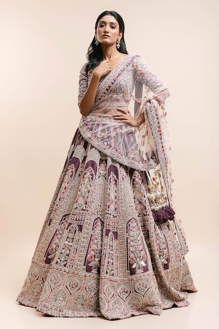 Shop Kalighata Purple Silk Cut Work, Embroidery, Raw Mughal Embellished Bridal Lehenga Set at Aza Fashions Shop_Kalighata_Purple Silk Cut Work, Embroidery, Raw Mughal Embellished Bridal Lehenga Set _at_Aza_Fashions