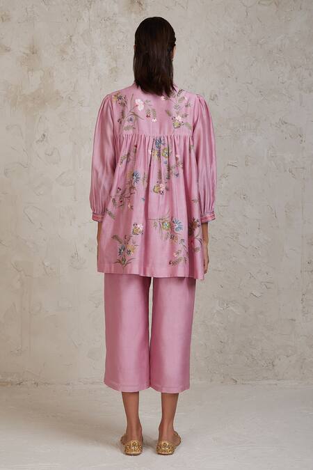 Shop Sue Mue Pink Chanderi Embroidery Collared Sabi Handwoven Culottes Set at Aza Fashions Shop_Sue Mue_Pink Chanderi Embroidery Collared Sabi Handwoven Culottes Set _at_Aza_Fashions