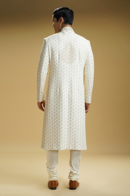 Shop_Kommal Sood_Off White Dupion Silk Embroidered Paisley Motifs Sherwani Set  _at_Aza_Fashions