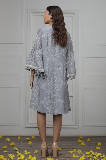 Shop_Myoho_Grey Cotton, Silk Round Neck Dotted Tribal Pattern Dress _at_Aza_Fashions