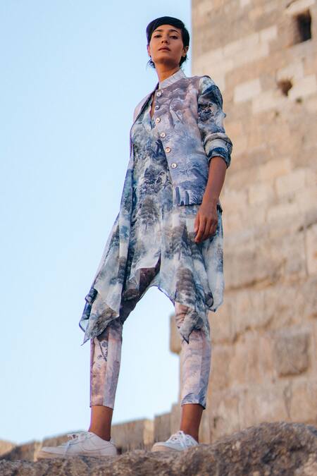 Shop_Sahil Kochhar_Blue Georgette Print Jungle Aaranya Jacket  _at_Aza_Fashions