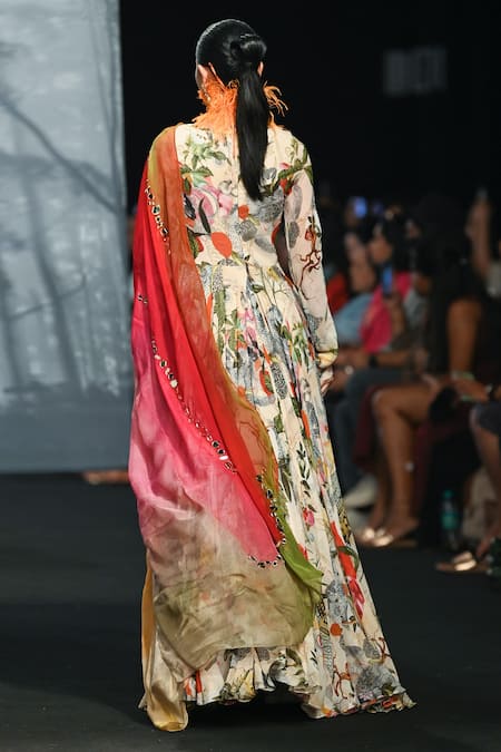 Shop Mahima Mahajan Ivory Organza, Georgette Embroidery Plunge Tropical Print Anarkali With Dupatta at Aza Fashions Shop_Mahima Mahajan_Ivory Organza, Georgette Embroidery Plunge Tropical Print Anarkali With Dupatta _at_Aza_Fashions