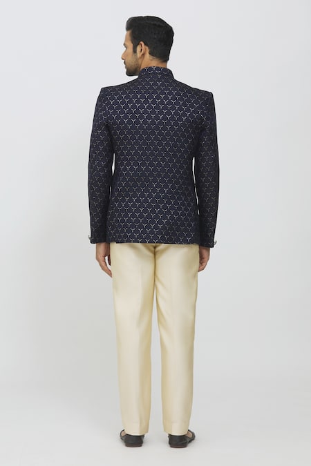 Shop Arihant Rai Sinha Blue Jacquard, Polyester, Terrycloth Metallic Thread Embroidered Bandhgala Set at Aza Fashions Shop_Arihant Rai Sinha_Blue Jacquard, Polyester, Terrycloth Metallic Thread Embroidered Bandhgala Set _at_Aza_Fashions