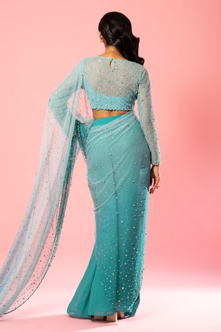 Shop Quench A Thirst Blue Georgette, Net Pearls, Sequins Round Hand Embroidered Saree With Blouse at Aza Fashions Shop_Quench A Thirst_Blue Georgette, Net Pearls, Sequins Round Hand Embroidered Saree With Blouse _at_Aza_Fashions