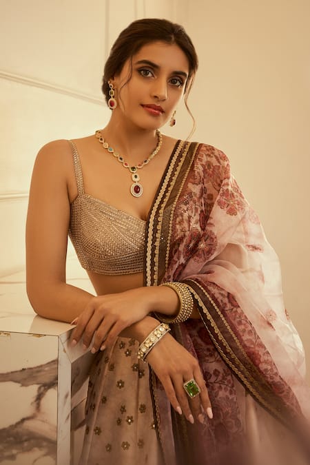 Shop Cedar & Pine Ivory Dupatta Organza, Dupion Dori And Mukaish Work, Floral Spray Lehenga Set at Aza Fashions Shop_Cedar & Pine_Ivory Dupatta Organza, Dupion Dori And Mukaish Work, Floral Spray Lehenga Set _at_Aza_Fashions