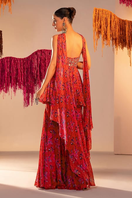 Shop_Silky Bindra_Orange Georgette, Chiffon, Satin Sequins, Floral Bloom Print Tunic And Gharara Set _at_Aza_Fashions