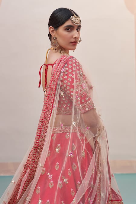 Shop Angad Singh Red Silk Embroidery, Sequins Zardozi Floral Pattern Bridal Lehenga Set at Aza Fashions Shop_Angad Singh_Red Silk Embroidery, Sequins Zardozi Floral Pattern Bridal Lehenga Set _at_Aza_Fashions
