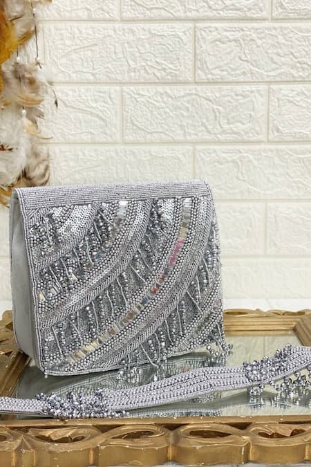 Shop Kainiche By Mehak Silver Embellished Raw Silk Clutch Bag at Aza Fashions Shop_Kainiche By Mehak_Silver Embellished Raw Silk Clutch Bag _at_Aza_Fashions