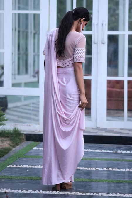 Shop House Of Tushaom Pink Lycra Embroidery Sequin Boat Neck Pre-draped Saree With Blouse at Aza Fashions Shop_House Of Tushaom_Pink Lycra Embroidery Sequin Boat Neck Pre-draped Saree With Blouse _at_Aza_Fashions