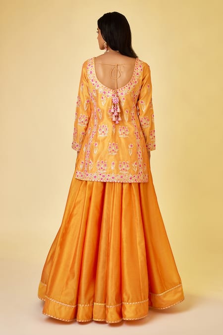 Shop_Shyam Narayan Prasad_Orange Chanderi Silk Embroidery, Lace, Gota Patti V-neck Yellow Kurta Skirt Set _at_Aza_Fashions