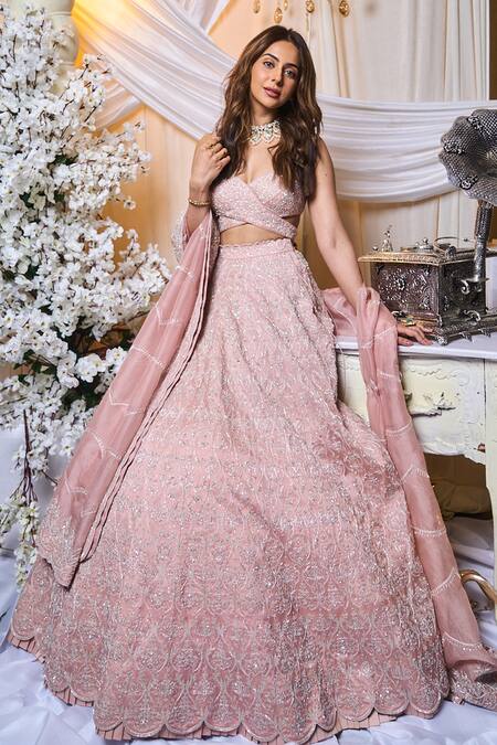 Shop_Varun Chakkilam_Pink Silk Organza Embroidered Sequins V Neck Lehenga Set _at_Aza_Fashions