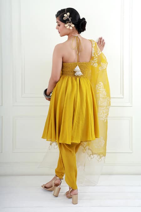 Shop_EK Soot_Gold Chanderi And Organza Embroidery Bird Applique Kurta Dhoti Pant Set  _at_Aza_Fashions