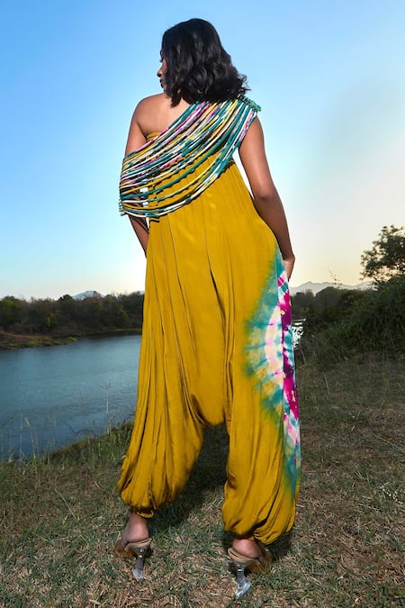 Babita Malkani Green Crepe Square Neck Hand Dyed Textured Jumpsuit With Corded Throw Online at Aza Fashions Babita Malkani_Green Crepe Square Neck Hand Dyed Textured Jumpsuit With Corded Throw _Online_at_Aza_Fashions