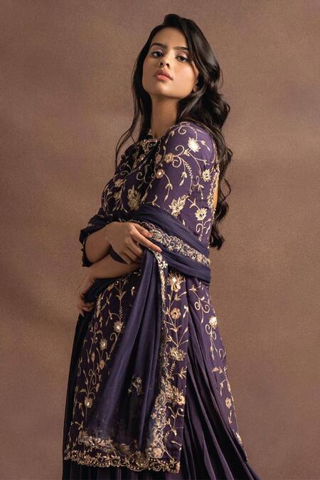 Pleats By Kaksha And Dimple_Purple Kasturi Crepe Round Embroidered Kurta Palazzo Set_Online_at_Aza_Fashions
