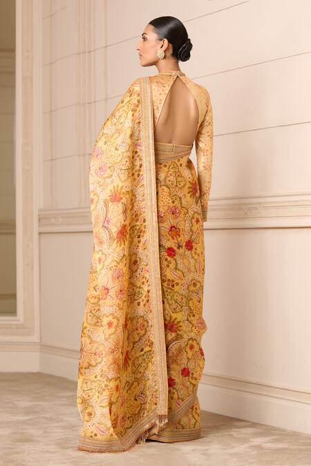 Shop_Tarun Tahiliani_Yellow Satin, Organza, Jersey Embroidery, Tassels Garden Print Saree Set _at_Aza_Fashions