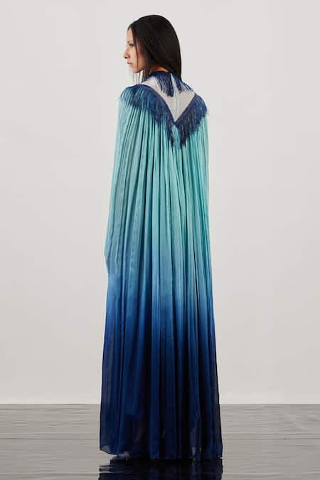 Shop Akhl Blue Chiffon (100% Viscose) + Lurex-tulle Glass Fringe Gathered Kaftan Dress at Aza Fashions Shop_Akhl_Blue Chiffon (100% Viscose) + Lurex-tulle Glass Fringe Gathered Kaftan Dress _at_Aza_Fashions