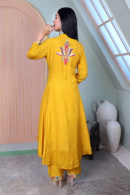 Shop Sunita Nagi Yellow Dupion Embroidered Leather Notched Floral Applique Anarkali Palazzo Set at Aza Fashions Shop_Sunita Nagi_Yellow Dupion Embroidered Leather Notched Floral Applique Anarkali Palazzo Set _at_Aza_Fashions