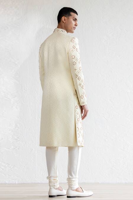 Shop_Qbik_Cream Cotton Satin, Jacquard Embroidery, Sheesh Mahal French Knot Sherwani Set_at_Aza_Fashions
