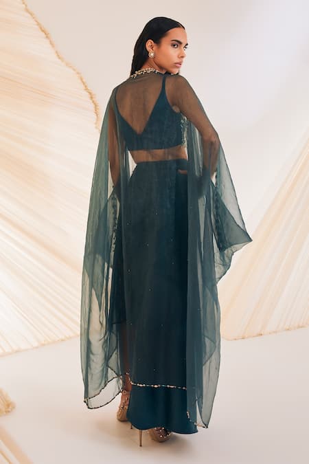 Shop Divya Aggarwal Green Satin Crystals, Sequins Vivien Hand Embroidered Sheer Cape Skirt Set at Aza Fashions Shop_Divya Aggarwal_Green Satin Crystals, Sequins Vivien Hand Embroidered Sheer Cape Skirt Set _at_Aza_Fashions