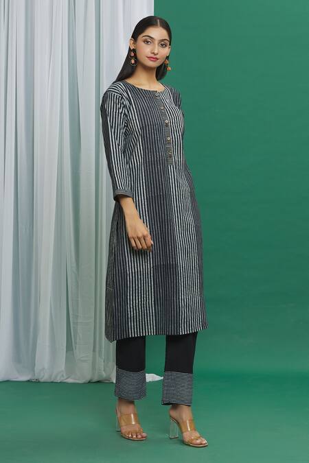 Shop_Banana Labs_Black Cotton Printed Stripe Straight Pant _at_Aza_Fashions